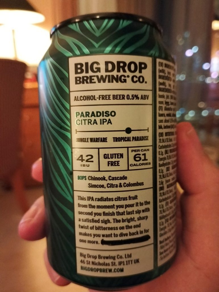 Nutrition information on a can of Paradiso Citra IPA from Big Drop Beer