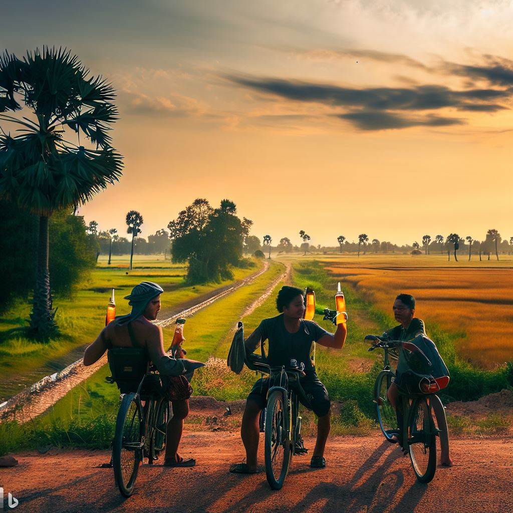 Guys on bicycles drinking non-alcoholic craft beer in a Southeast asian environment