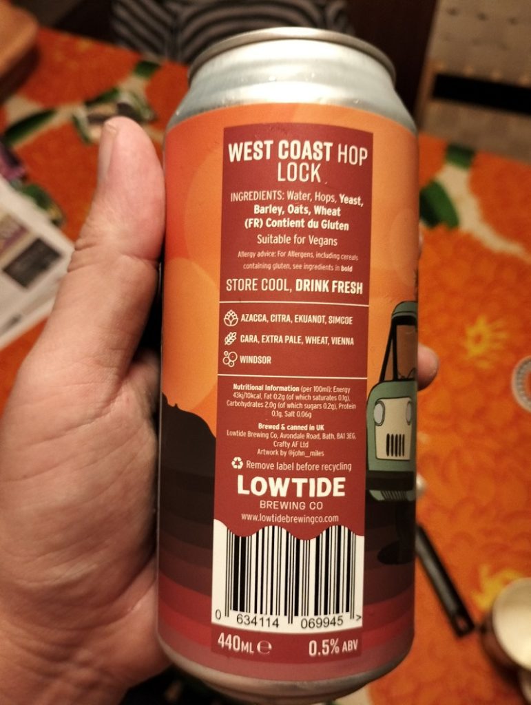 The back of a can of West Coast Hope Lock from Lowtide Brewing Co.