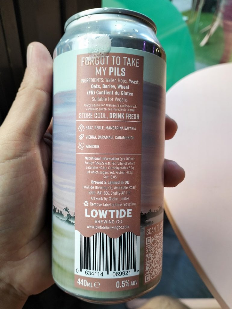 Back of a can of Forgot to Take My Pils from Lowtide Brewing.