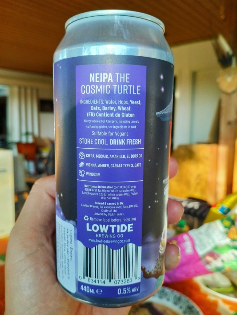 The back of the can of a NEIPA the Cosmic Turtle from Lowtide Brewing Co.